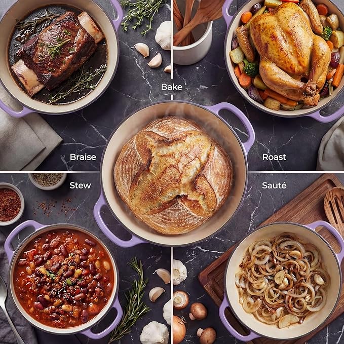 Zulay Kitchen 6 Quart Enameled Cast Iron Dutch Oven Pot with Lid – Premium Durability & Oven Safe up to 500°F – Heavy Duty Cookware Perfect for Bread Baking, Stews, Braising & Roasting - Lavender Jade - Image 3