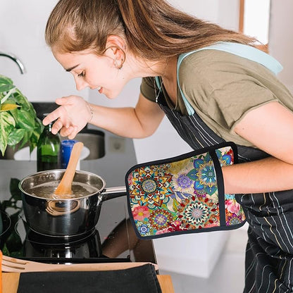 Boho Floral Oven Mitts Set, Vintage Luxury Colorful Flower Floral Heat Resistant Kitchen Oven Gloves for Baking and Cooking,Pot Holders - Image 4