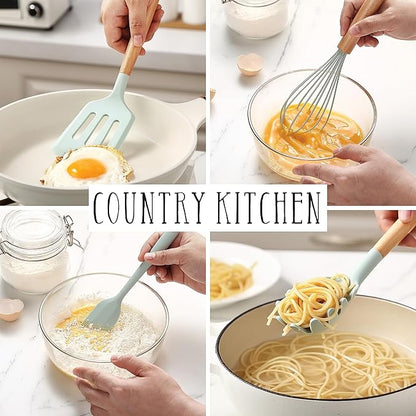 Country Kitchen Non Stick Silicone Utensil Set with Rounded Wood Handles for Cooking and Baking, 38 Piece Set, Mint