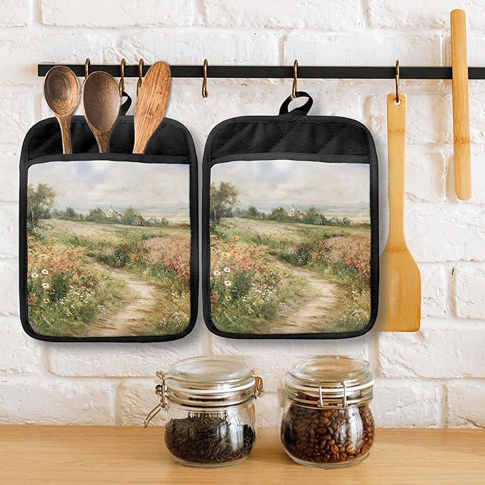 Rustic Wildflower Meadow Pot Holders with Pockets, Cottagecore Country Landscape Oven Pot Holders Heat Resistant Oven Mitts Hot Pads for Kitchen Baking Cooking