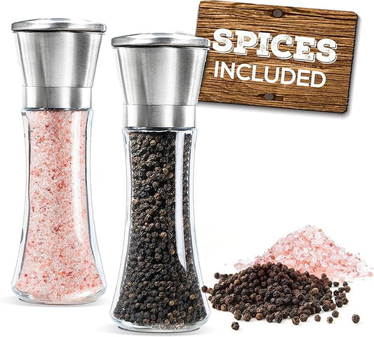 Prefilled Stainless Steel Salt and Pepper Grinder Two Piece Set - Includes Himalayan Salt and Quality Black Pepper - Glass and Stainless Steel Mill - Large Capacity Shakers - Top Loading By Mason Mil by Mason+Mills