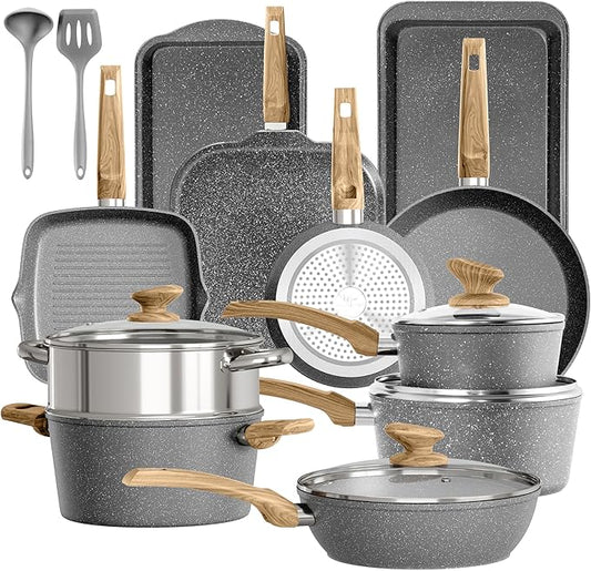 DishDelight 17 Piece Pots and Pans Set Non Stick, Granite Nonstick Cookware Set, Induction Cookware and Bakeware Set, Nonstick Kitchen Cookware Set, Gray by DishDelight