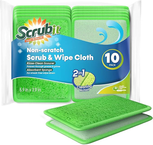 Scrub and Wipe Cleaning Pads [10 Pack] – SCRUBIT Dual Sided Scouring Pad and Sponge - Reusable Kitchen Scrubbing Sponges for Dishes, Pots, Pans Utensils & Non-Stick Cookware (Green) by SCRUBIT