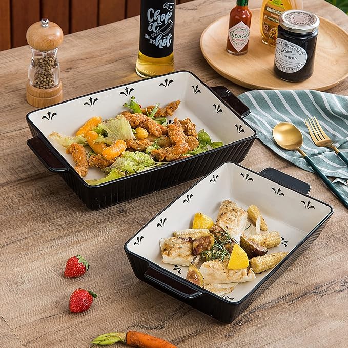 Baking Dishes Bakeware Set Ceramic Casserole Dish, Rectangular Shape, Oven safe, Nonstick, for Cooking, Cake Dinner, Kitchen, 13x9inch, 3pcs, Black - Image 4