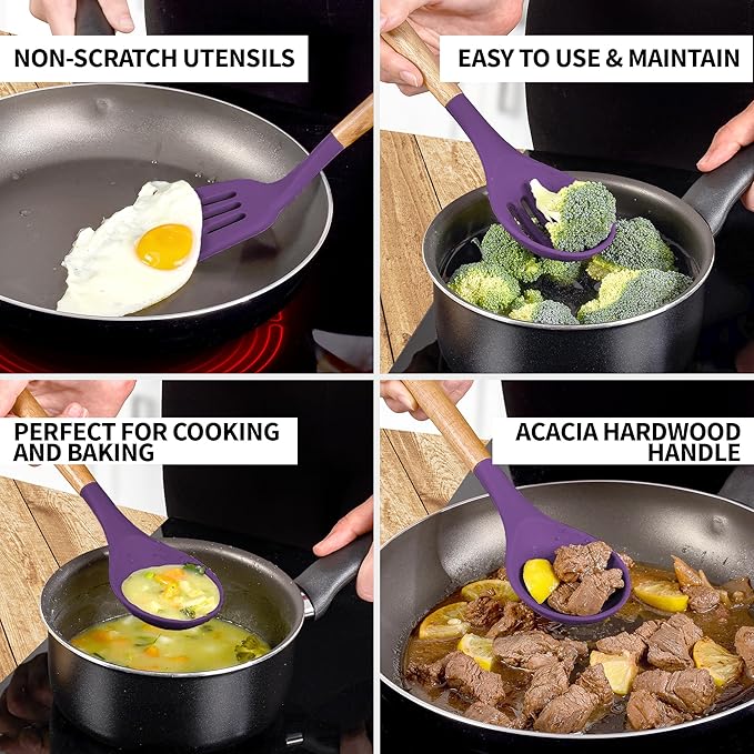 Zulay Kitchen Non-Stick Cooking Utensils Set with Authentic Acacia Wood Handles – 5-Piece Durable & Stylish Silicone Kitchen Utensils Set – Heat Resistant to 464°F – Purple - Image 3