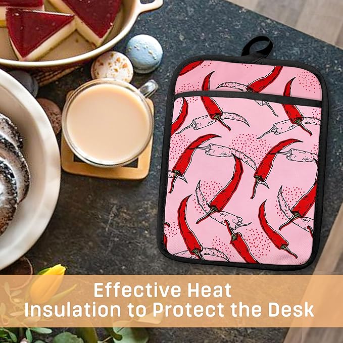 Pink Pepper Kitchen Pot Holders with Pockets, Trendy Red Chili Pepper Oven Pot Holders Heat Resistant Oven Mitts Hot Pads for Kitchen Baking Cooking