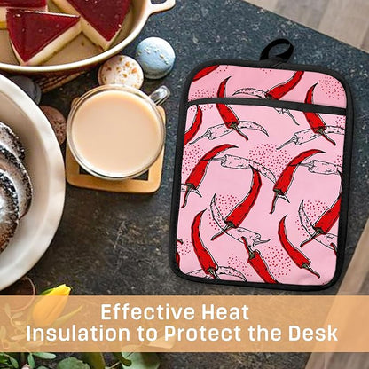Pink Pepper Kitchen Pot Holders with Pockets, Trendy Red Chili Pepper Oven Pot Holders Heat Resistant Oven Mitts Hot Pads for Kitchen Baking Cooking