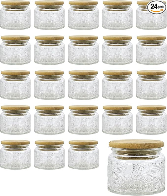 4 oz Mini Glass Jars with Airtight Bamboo Lids 24 pack, Decorative Small Food Storage Canister, Vintage Embossed Home Décor Candle Parties Wedding Baby Shower Favors Gift