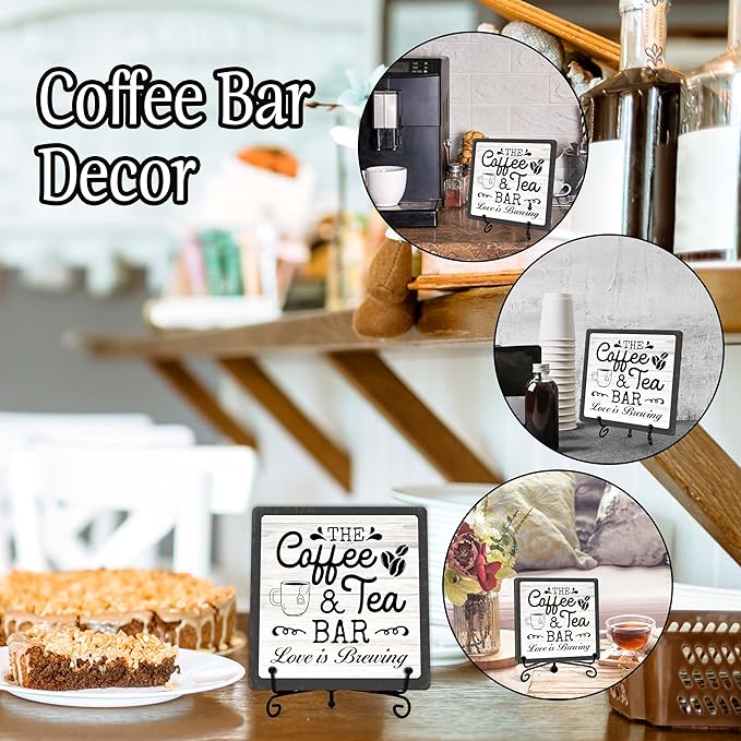 Coffee Bar Sign, Love is Brewing Farmhouse Tabletop Decor, Coffee and Tea Lover Gifts, 5x5 Wood Plaque with Iron Stand for Home Kitchen Cafe, Coffee Bar Decor – L08 - Image 3