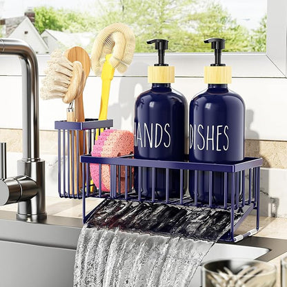 Cisily Navy Blue Kitchen Dish Soap Dispenser, 16 fl Oz Dual Kitchen Soap Dispensers with Sponge Holder, Customized Stainless Steel Kitchen Soap Dispenser Set, Modern Hand and Dish Soap Bottle Set - Image 8