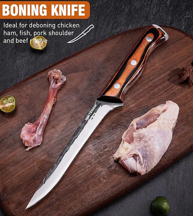 Naitesen 4PCS Hand Forged Butcher Knife and Kitchen Knife 2 in 1 Set, Heavy Duty Meat Cleaver Serbian Chef Knife Breaking Knife Boning Knife for Meat Cutting BBQ Gifts for Men Women - Image 5