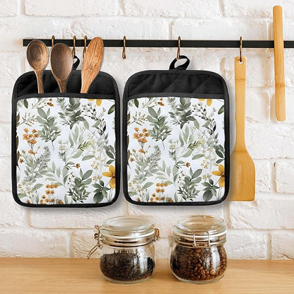 Sage Green Leaf Floral Pot Holders with Pockets, Cottagecore Botanical Flower Oven Pot Holders Heat Resistant Oven Mitts Hot Pads for Kitchen Baking Cooking