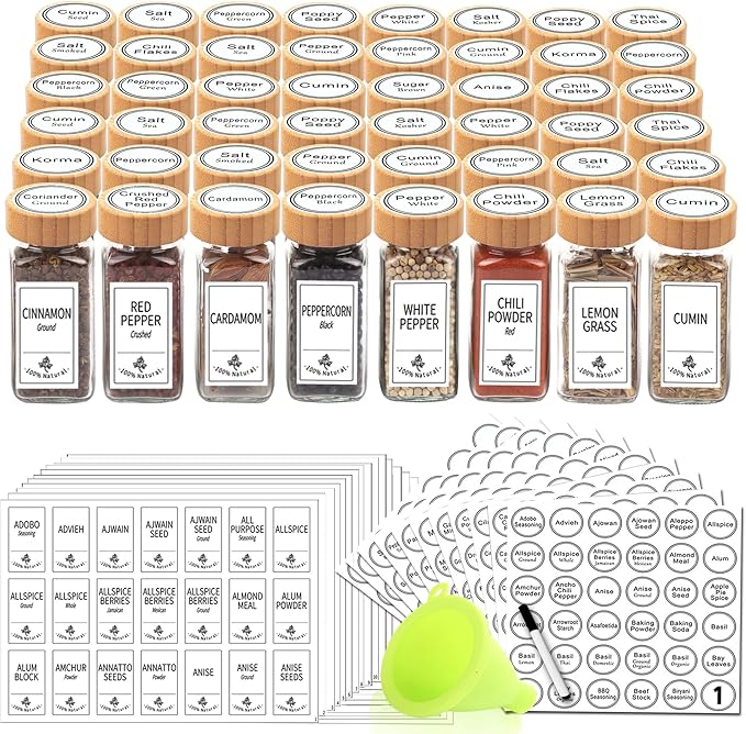 SWOMMOLY 48 Glass Spice Jars with 806 White Spice Labels, Square Spice Bottles 4 oz Empty Spice Containers with Bamboo Lids, Chalk Marker and Funnel Complete Set. by SWOMMOLY