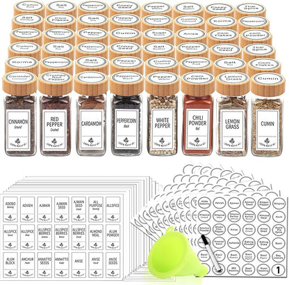 SWOMMOLY 48 Glass Spice Jars with 806 White Spice Labels, Square Spice Bottles 4 oz Empty Spice Containers with Bamboo Lids, Chalk Marker and Funnel Complete Set. by SWOMMOLY
