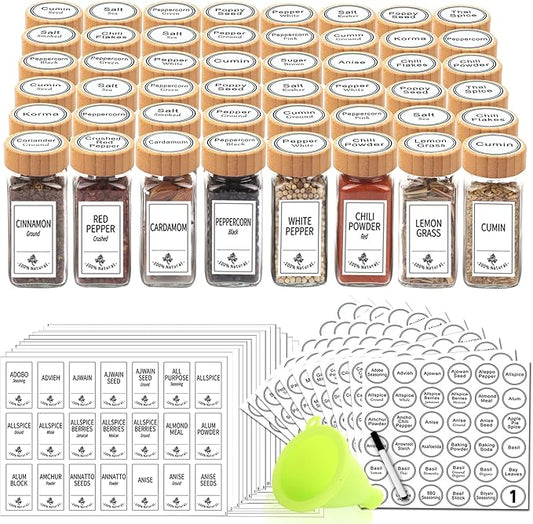 SWOMMOLY 48 Glass Spice Jars with 806 White Spice Labels, Square Spice Bottles 4 oz Empty Spice Containers with Bamboo Lids, Chalk Marker and Funnel Complete Set. by SWOMMOLY