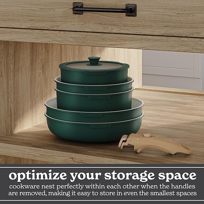 Country Kitchen Cookware Set with Removable Handle, Oven & RV Safe Pots and Pans Set, Sage Wood Handle, Original - Image 5