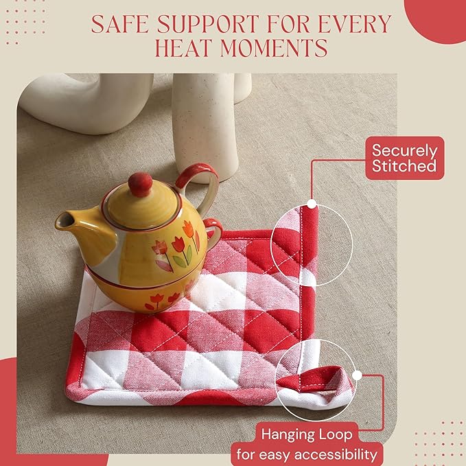 Oven Mitt & Pot Holder Buffalo Plaid Check 100% Cotton Heat Resistant Oven Gloves (7"x13") & Hot Pads (8"x8") Combo for Baking, Cooking - Red