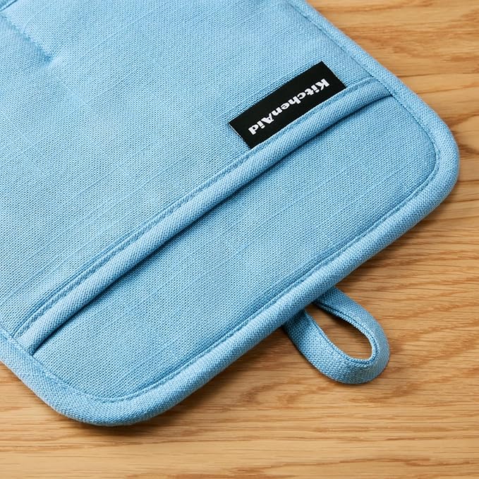 KITCHENAID Gourmet Series Gridlines Pot Holders 2-Pack Set, Heat Resistant up to 600°F, Soft Silicone Grip, Magnetic Cuff, Blue Velvet, 8"x8" - Image 3