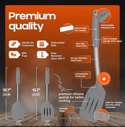 BakeRoyal Silicone Spatula Set - Turner Spatulas Silicone Heat Resistant 600°F - Slotted & Solid Spatula for Cooking Fish, Eggs, Pancakes Flipper – Spatulas for kitchen use – Gray - Image 2