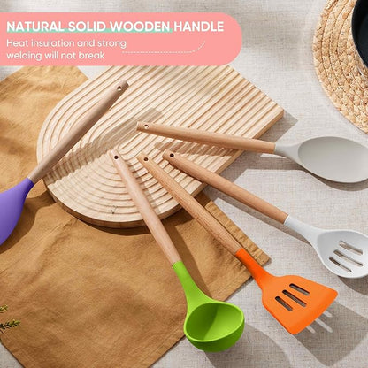 Herogo 5-Piece Cooking Utensils Set, Silicone Kitchen Utensils Set with Wooden Handle, Heat Resistant Cooking Tools Slotted Turner, Spoon, Soup Ladle, Spatula, Spoonula for Nonstick Cookware, Colorful - Image 8
