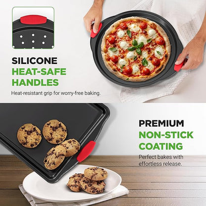 NutriChef Non-Stick Kitchen Oven Baking Pans-Deluxe & Stylish Nonstick Gray Coating Inside Outside, Commercial Grade Restaurant Quality Metal Bakeware with Red Silicone Handles NCSBS8S, 8 Piece Set - Image 6