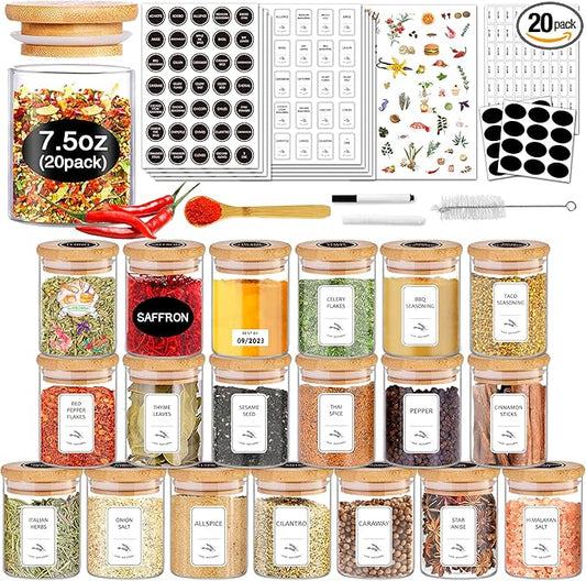 SLifeJars-Spice Jars with Label, 7.5 oz 20pcs Spice Containers Glass Jars with Bamboo Lids, Seasoning Containers Bottles,Airtight Empty Spice Jars for Spice Rack, Drawer,Cabinet,Pantry by LockinGoodnessSimplifyYou