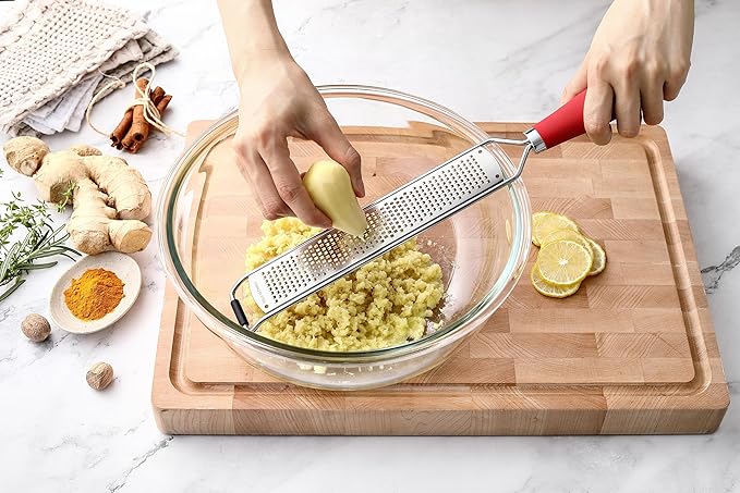 Spring Chef Stainless Steel Lemon Zester Grater with Handle - Garlic, Cheese, Parmesan, Nutmeg, Lime, Ginger Grater - Heavy Duty Kitchen Tool - Citrus Zester with Blade Cover - Fine Shred - Red