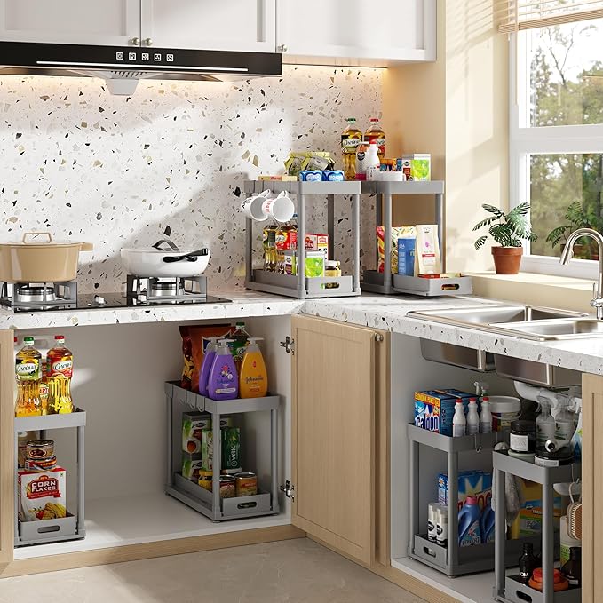 2PC Under Sink Organizer Rack 2 Tier Under Sliding Cabinet Basket Organizer Drawer with 4 Hooks, Multi-purpose Under Sink Storage for Bathroom Kitchen Desktop（Grey） - Image 4