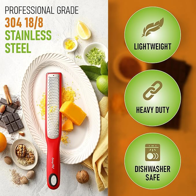 Spring Chef Premium Red Lemon Zester Grater with Handle - Fruit, Garlic, Citrus, Nutmeg, Orange Zester Tool - Heavy Duty Kitchen Shredder - Stainless Steel Ginger Grater with Blade Cover - Fine Shred - Image 3