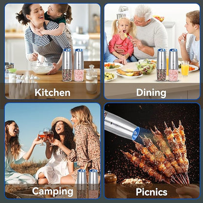 UNNEES Rechargeable Electric Salt and Pepper Grinder set of 2, gravity electric salt and pepper grinder set, Adjustable Roughness, LED Light, 2 Pack, (Silver) - Image 7