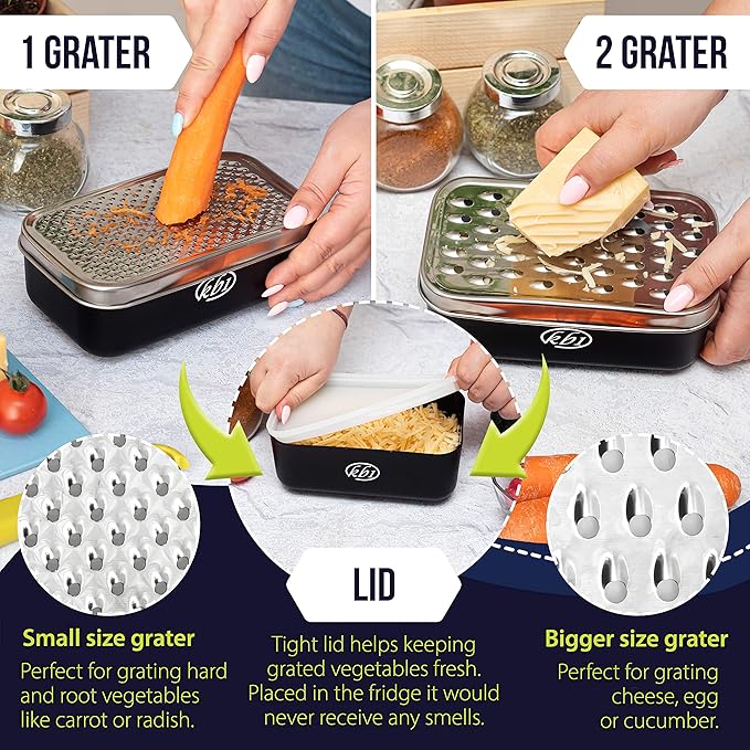Cheese Grater with Container and Lid & Peeler Set - Vegetable Fruit Multi-Function Stainless Steel Kitchen Utensil Kit with Black Food Plastic Storage Stable Box - Hand Chopper Graters & Peelers - Image 4