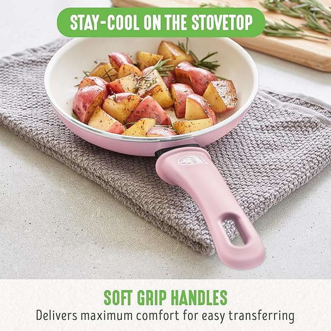 GreenLife Non Stick Fry Pan Set (7" & 10"), Non-Toxic PFAS-Free Ceramic Skillets, Dishwasher & Oven Safe, Egg Omelet Frying Pans, Stay- Cool Handles, Kitchen Home Cooking Essentials, Pink - Image 7