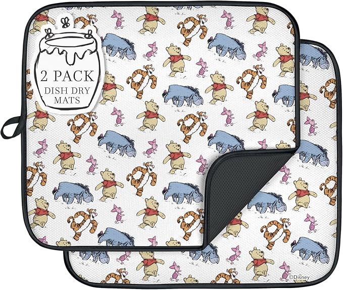 Disney Dish Drying Mats for Kitchen Counter (2 Pack) – 16" x 18" Absorbent Kitchen Drying Mats for Dishes – Mickey & Minnie, Winnie the Pooh, & Stitch Dish Mats by BestBrands