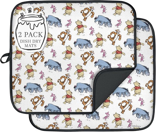 Disney Dish Drying Mats for Kitchen Counter (2 Pack) – 16" x 18" Absorbent Kitchen Drying Mats for Dishes – Mickey & Minnie, Winnie the Pooh, & Stitch Dish Mats by BestBrands
