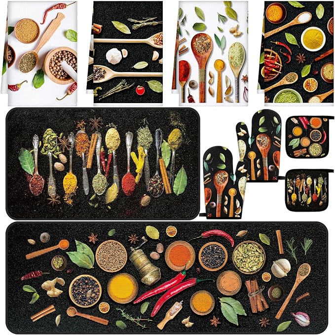 Fourluoo 10 Pcs Farmhouse Kitchen Decor and Accessories Set 4 Kitchen Towels 2 Pot Holders 2 Oven Mitts 2 Rugs for Cooking Baking Mom Housewarming Gifts(Vivid Color,Colorful Spices) by Fourluoo