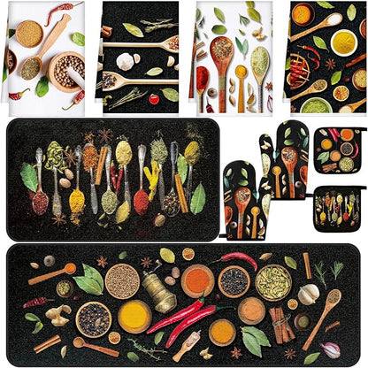 Fourluoo 10 Pcs Farmhouse Kitchen Decor and Accessories Set 4 Kitchen Towels 2 Pot Holders 2 Oven Mitts 2 Rugs for Cooking Baking Mom Housewarming Gifts(Vivid Color,Colorful Spices) by Fourluoo