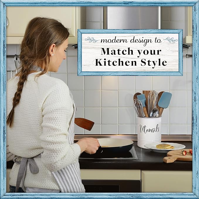 Home Acre Designs Vintage Farmhouse Utensil Holder - Stylish Countertop Organizer and Kitchen Decor Caddy - Stainless Steel Rim - White - Image 5