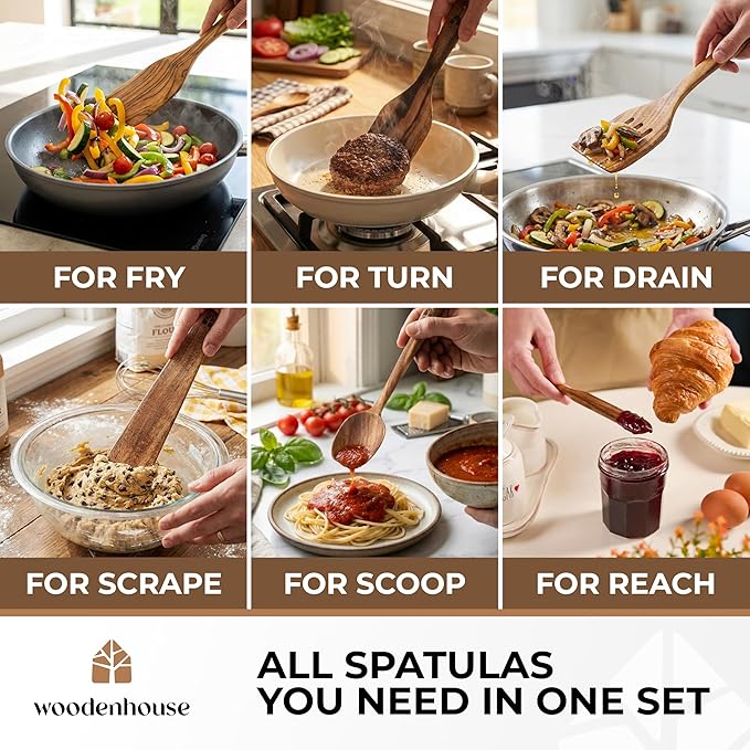Wooden Spatula for Cooking - Non-Scratch, Sturdy, Natural Teak Cooking Utensils - Easy to Clean Wooden Spatula Set with Turner, Scraper, Slotted & Frying Wood Spatulas, Jar Scraper, Spoonula - 6 Pcs - Image 7