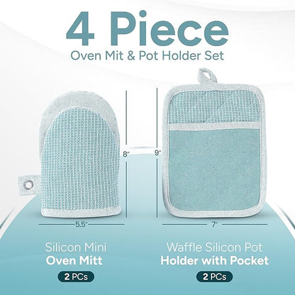Casa Platino Silicone Oven Mitts & Pot Holders, 4-Piece – Oven Mitt for Baking & BBQ, Pot Holder for Kitchen, Hot Dishes & Microwave – Heat Resistant Up to 500°F, Non-Slip & Machine Washable – Aqua