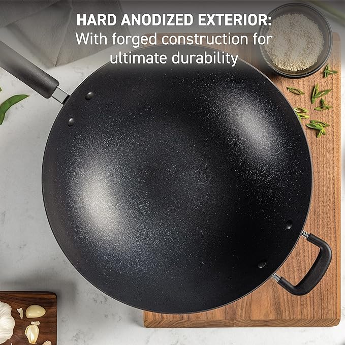 T-Fal Ultimate Hard Anodized Nonstick Wok 14 Inch, Oven Broiler Safe 350F, Non Stick Stir-Fry Pan, Cookware, Pots and Pans, Kitchen, Versatile Deep Frying, Sauté, Braise, Stew, Dishwasher Safe, Onyx - Image 2
