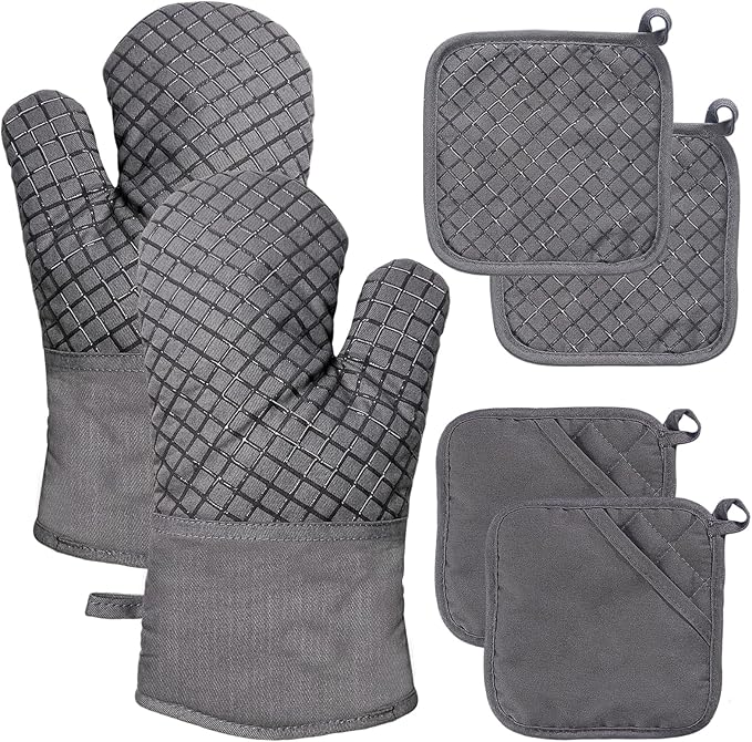 4 Pcs Oven Mitts and Pot Holders,Kitchen Long Oven Glove High Heat Resistant 500 Degree,Extra Thicken Oven Mitts and Potholder with Non-Slip Silicone Surface for Baking,Grilling,Cooking(Grey) by Meirrnyyu