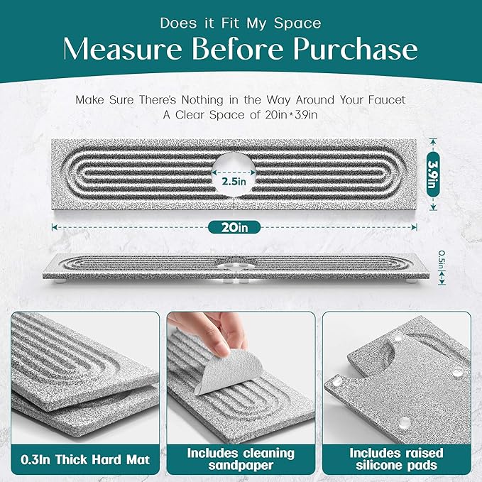 Stone Faucet Mat for Kitchen Sink, Diatomite Stone Drying Mat for Kitchen Counter, 2026 Upgraded Dishwasher-Safe & Ultra Absorbent, Chemical-Free Stone Dish Mat for Bottles Utensils (20" x 3.9") - Image 6