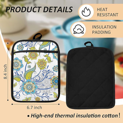 Boho Floral Oven Mitts Set, Vintage Luxury Blue and Gold Flower Floral Heat Resistant Kitchen Oven Gloves for Baking and Cooking,Pot Holders - Image 2
