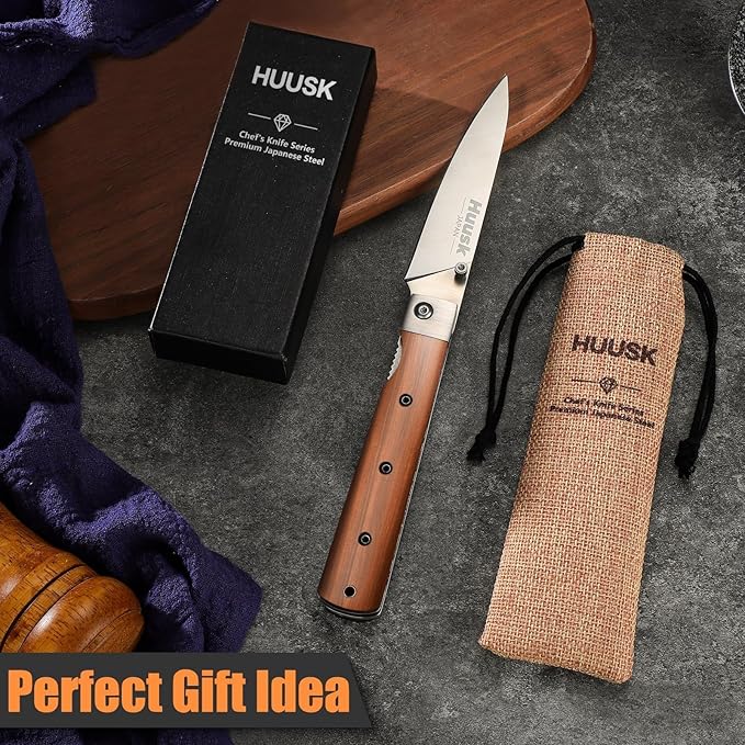 Huusk Japanese Folding Fruit Knife - Pocket Paring Knives with 440C Stainless Steel Ultra Sharp Blade, Portable Kitchen Knives, Christmas Gift for Men and Women