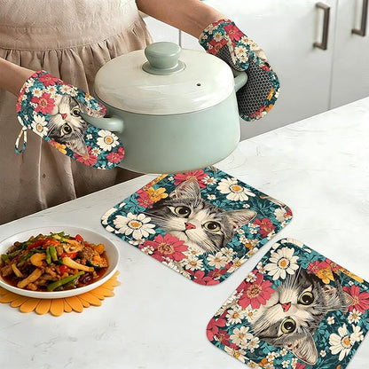 Cute Cat Oven Mitts and Pot Holders Set of 4,Blooming Colorful Flowers Kitchen Oven Glove Heat Resistant Oven Mitts with Non-Slip Silicone for Baking, Cooking, BBQ