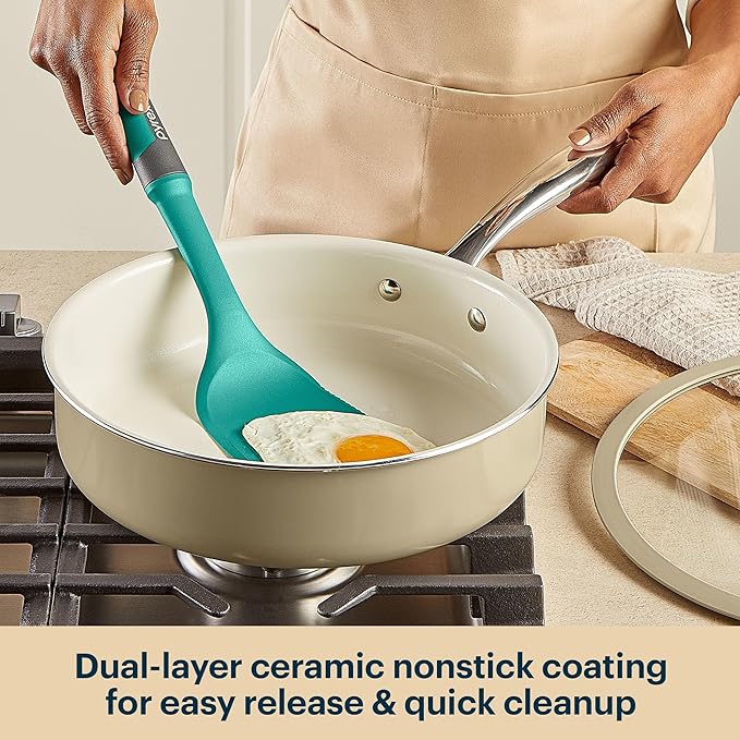 Pyrex 10.8-Inch Deep Fry Pan Ceramic Cookware with Lid & Stainless Steel Handles, Healthy Nonstick Ceramic Coating, Induction Compatible Stainless Steel, PFAS Lead Cadmium BPA Free
