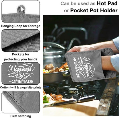 GROBRO7 6Pcs Cotton Oven Mitts and Pot Holders Set Happiness is Homemade Heat Resistant Hot Pad Machine Washable Microwave Gloves with Hanging Loop Pocket Potholder for Kitchen Baking Cooking Grilling - Image 4