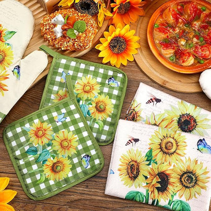 Leinuosen 6 Novelty Sunflower Kitchen Towels Kitchen Decor and Accessories Set Floral Plant Oven Mitts and Pot Holders Sets Farmhouse Absorbent Dish Towels for Cooking Baking Grilling - Image 7
