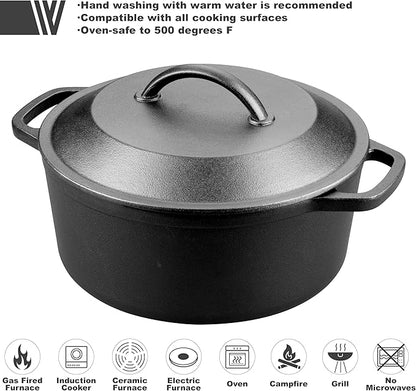VORRINGARD Pre-Seasoned Cast Iron Dutch Oven with Lid, Round and Dual Handles, for Stovetop, Camping, Grill, Induction, Electric, Black, 3 qt