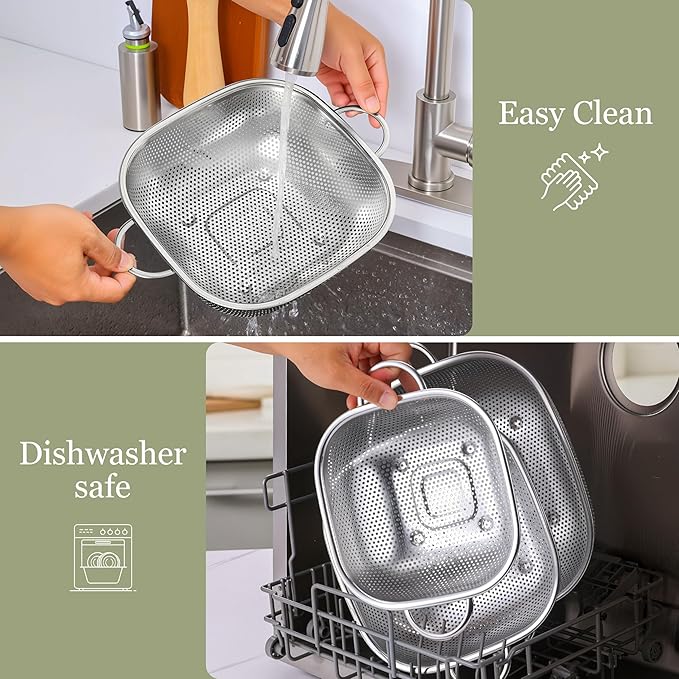 E-far 6QT Stainless Steel Colander with Handle - Square Metal Kitchen Strainer for Pasta & Vegetable Draining, Micro-Perforated & Elevated Feet, Dishwasher Safe - Image 6
